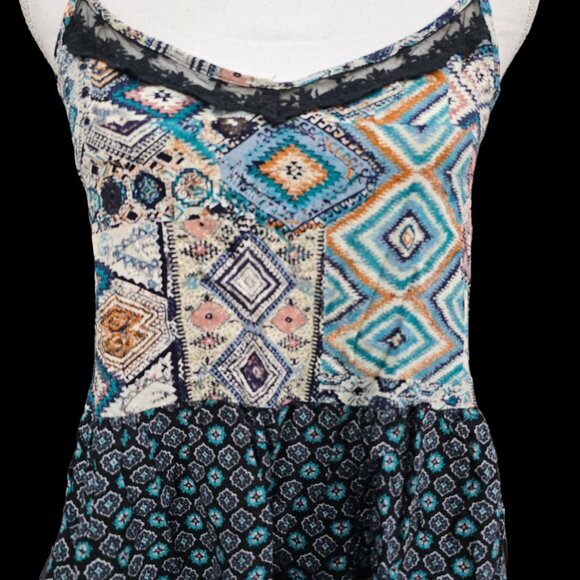 Lush Boho Patchwork Peplum Tank Scalloped Lace | Cottagecore Festival Magic M - Picture 6 of 8